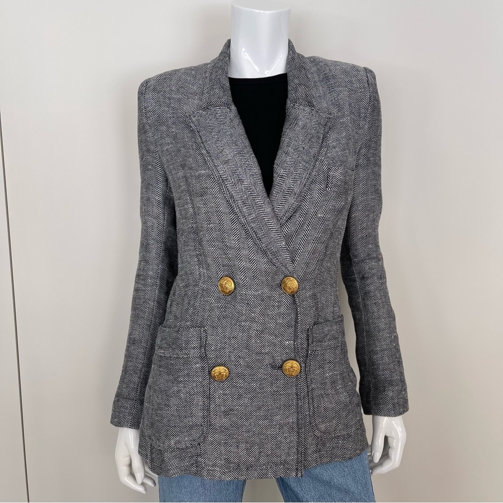 SMYTHE Unstructured Linen Double Breasted Blazer in Black & White Herrin…